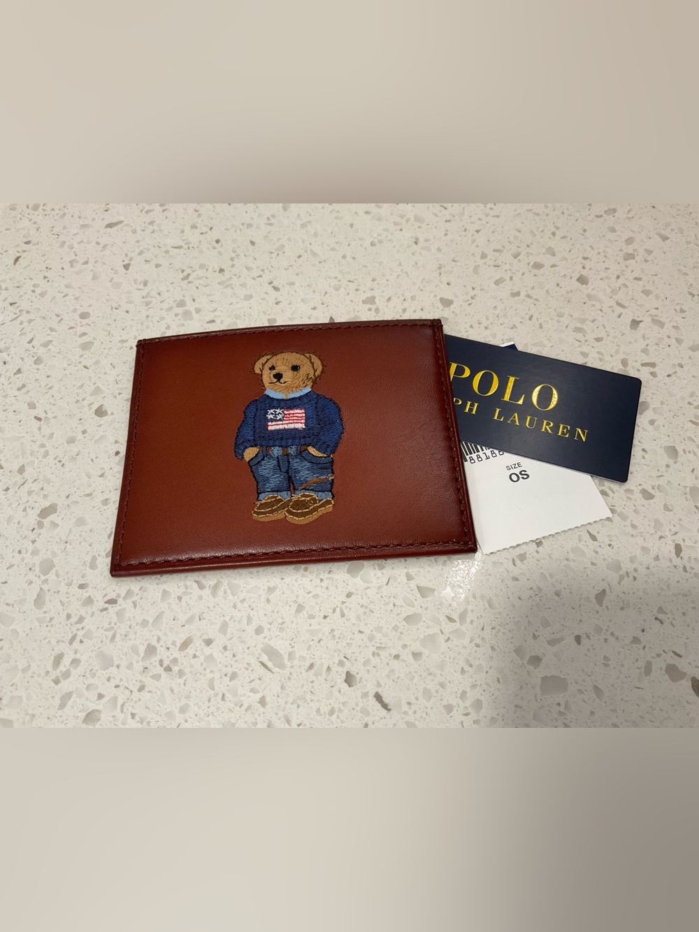 NEW Polo Ralph Lauren FLAG SWEATER BEAR Leather Slim Card Case Wallet - TAN